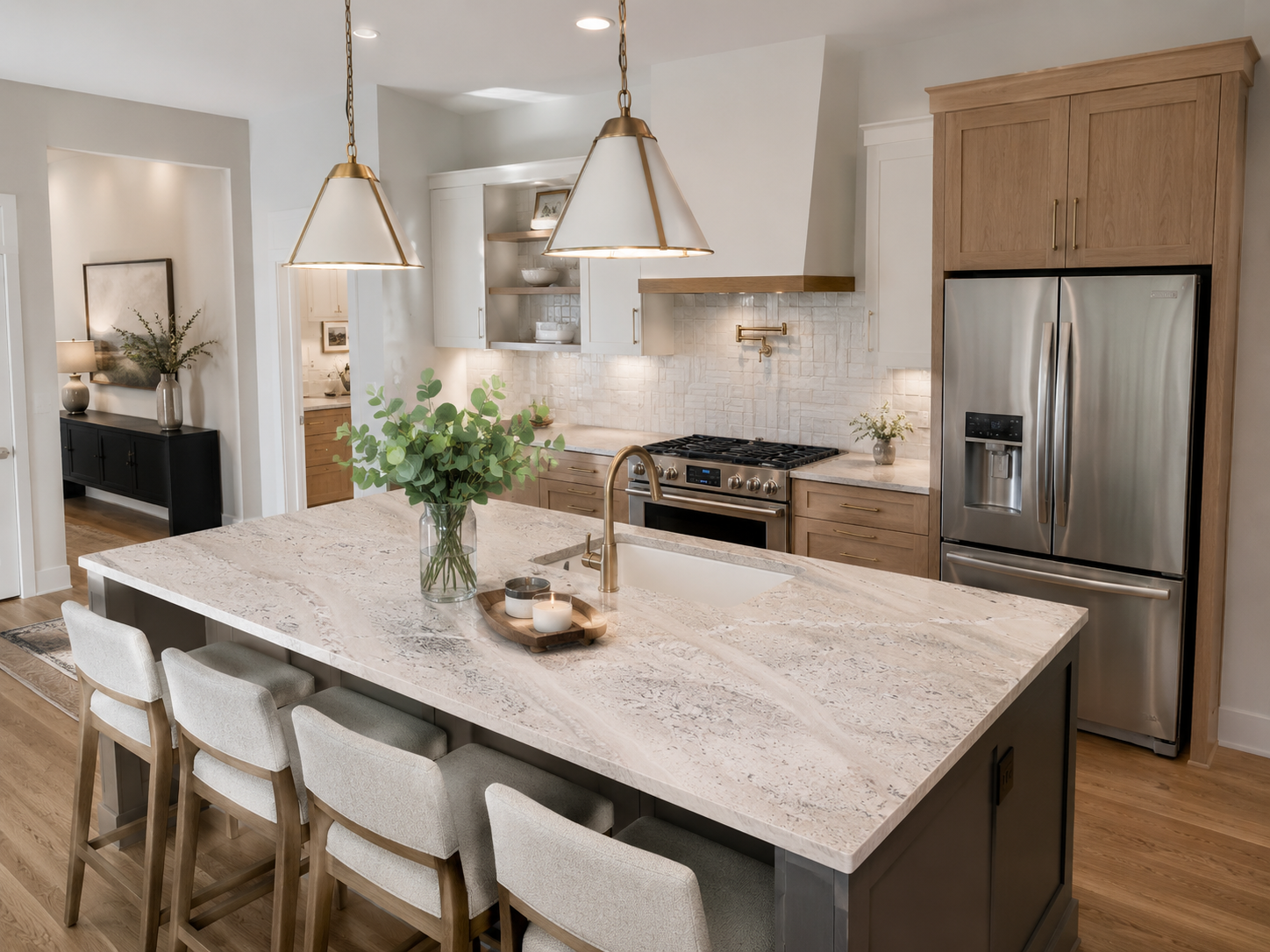 Quartzite countertop island installation in Cincinnati Ohio luxury kitchen